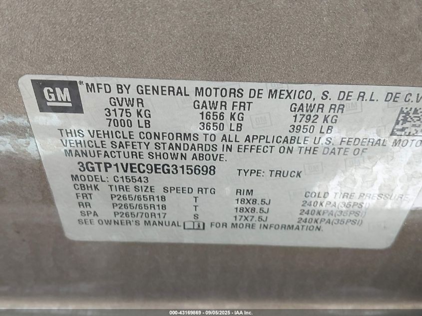 2014 GMC Sierra 1500 Slt VIN: 3GTP1VEC9EG315698 Lot: 43169869