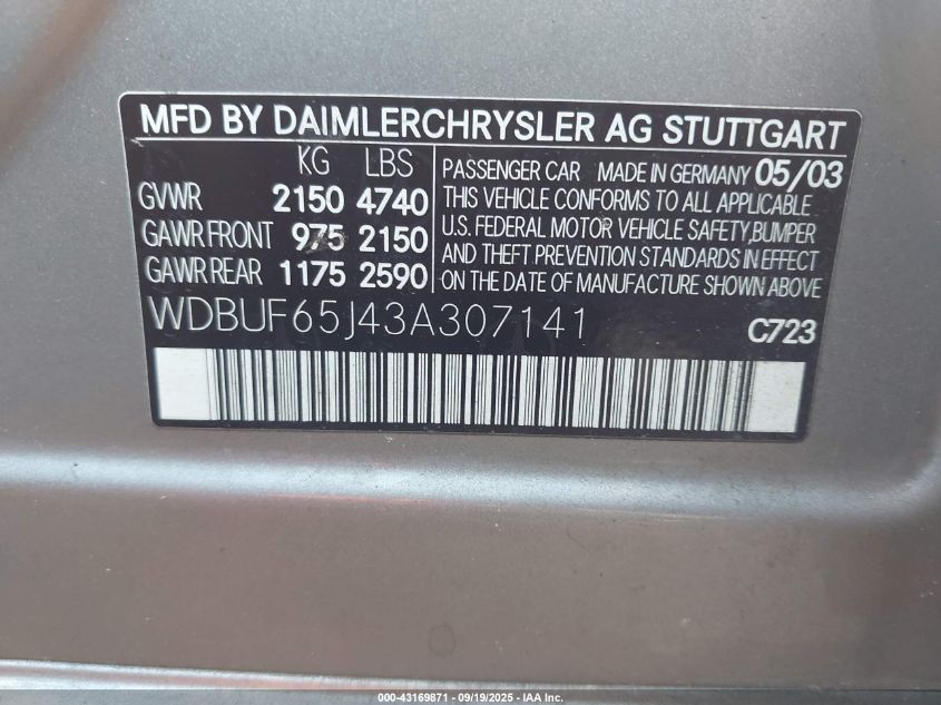 2003 Mercedes-Benz E 320 320 VIN: WDBUF65J43A307141 Lot: 43169871