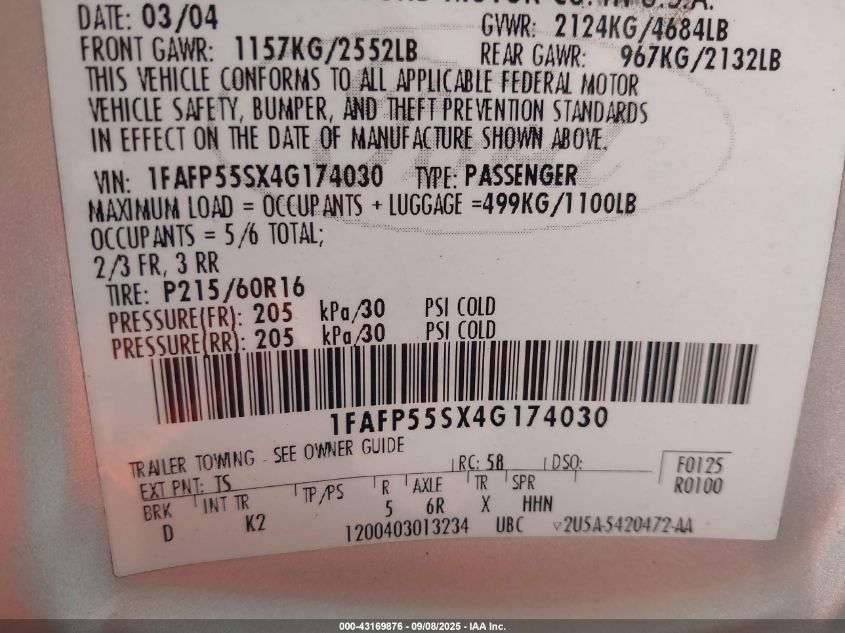 2004 Ford Taurus Ses VIN: 1FAFP55SX4G174030 Lot: 43169876