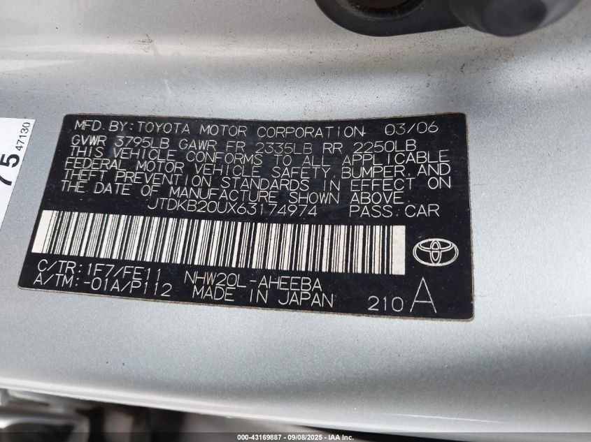 2006 Toyota Prius VIN: JTDKB20UX63174974 Lot: 43169887