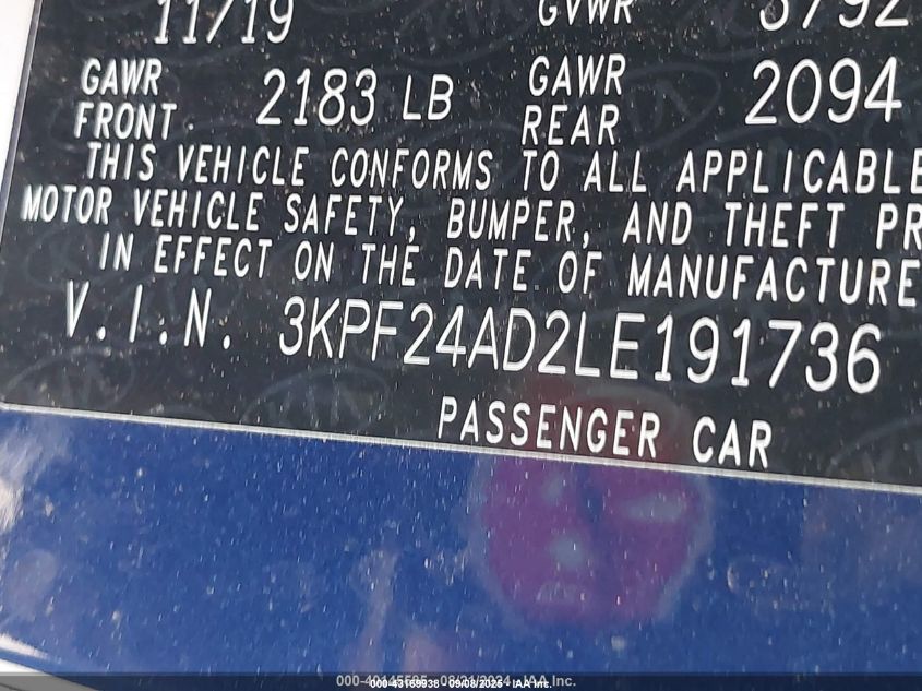 2020 Kia Forte Lxs VIN: 3KPF24AD2LE191736 Lot: 43169938