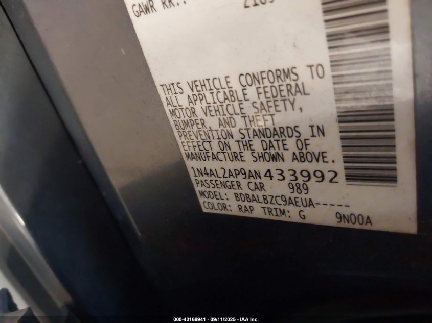 2010 Nissan Altima 2.5 S VIN: 1N4AL2AP9AN433992 Lot: 43169941