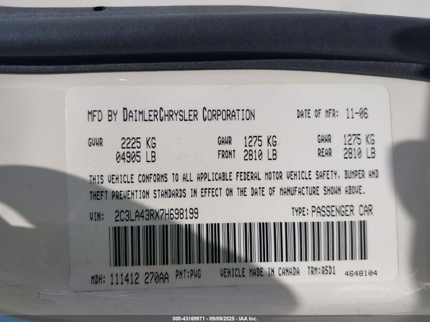 2007 Chrysler 300 VIN: 2C3LA43RX7H698199 Lot: 43169971