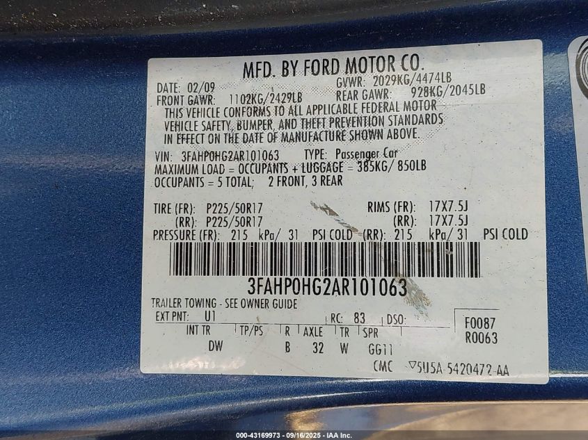 2010 Ford Fusion Se VIN: 3FAHP0HG2AR101063 Lot: 43169973