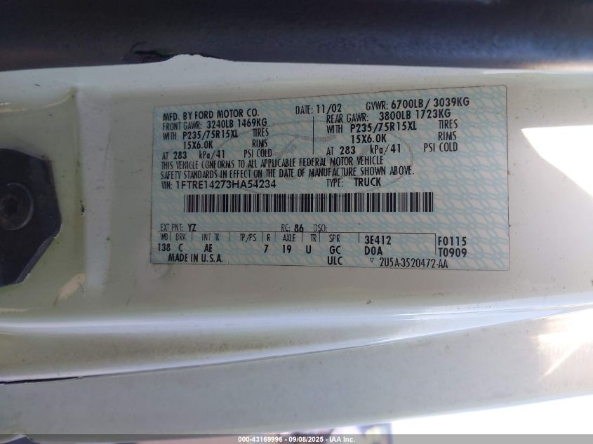 2003 Ford E-150 Commercial VIN: 1FTRE14273HA54234 Lot: 43169996