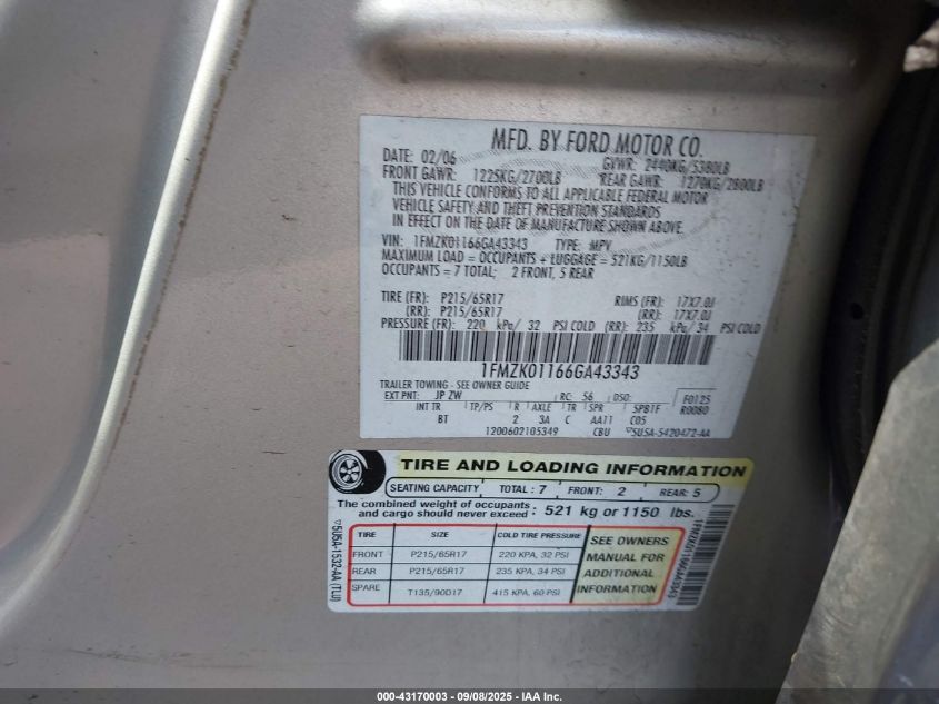 2006 Ford Freestyle Se VIN: 1FMZK01166GA43343 Lot: 43170003