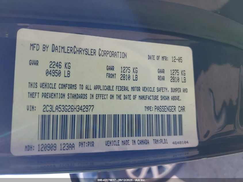 2006 Chrysler 300 Touring VIN: 2C3LA53G26H342977 Lot: 43170017