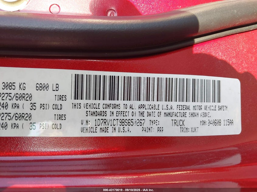 2011 Ram Ram 1500 Laramie Longhorn VIN: 1D7RV1CT9BS650267 Lot: 43170019