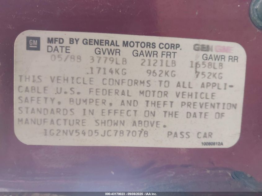 1988 Pontiac Grand Am Le VIN: 1G2NV54D5JC787078 Lot: 43170023