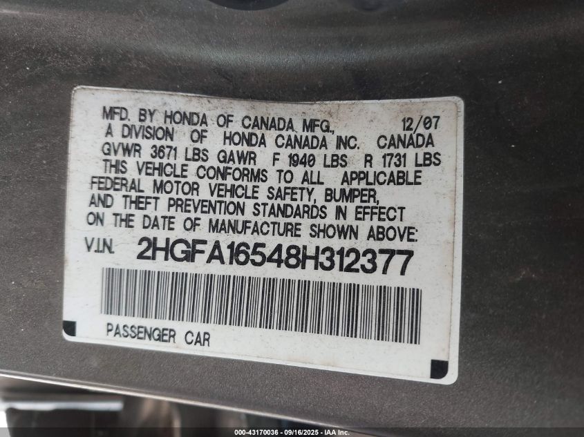 2008 Honda Civic Lx VIN: 2HGFA16548H312377 Lot: 43170036