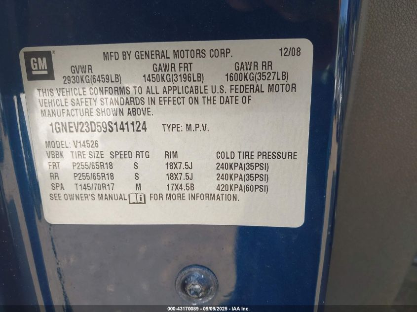 2009 Chevrolet Traverse Lt VIN: 1GNEV23D59S141124 Lot: 43170089