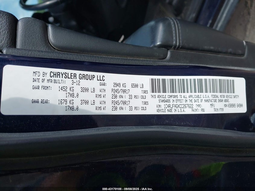 2012 Jeep Grand Cherokee Laredo VIN: 1C4RJFAGXCC267622 Lot: 43170108