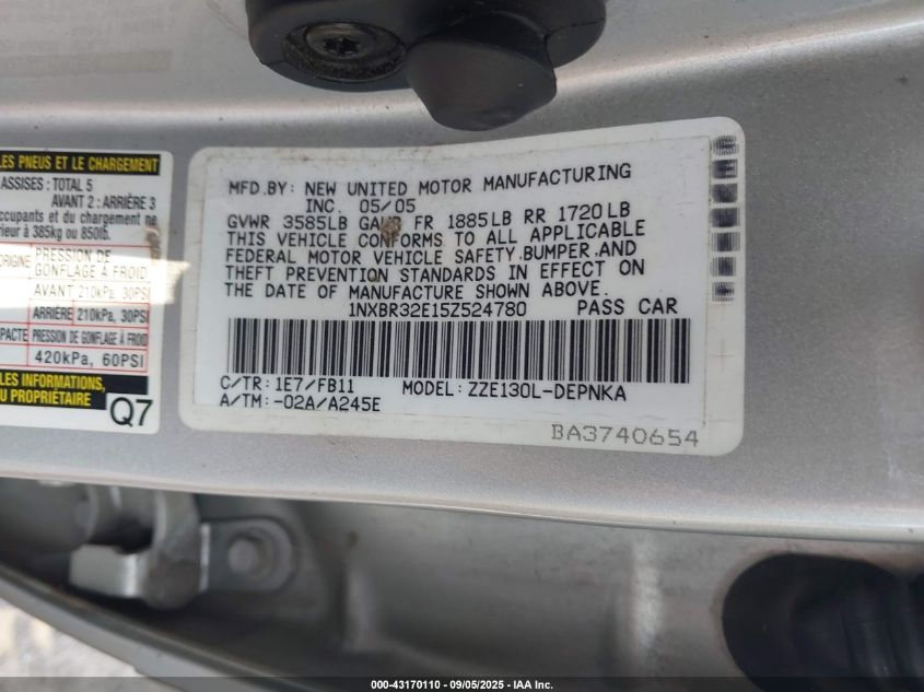 2005 Toyota Corolla Le VIN: 1NXBR32E15Z524780 Lot: 43170110