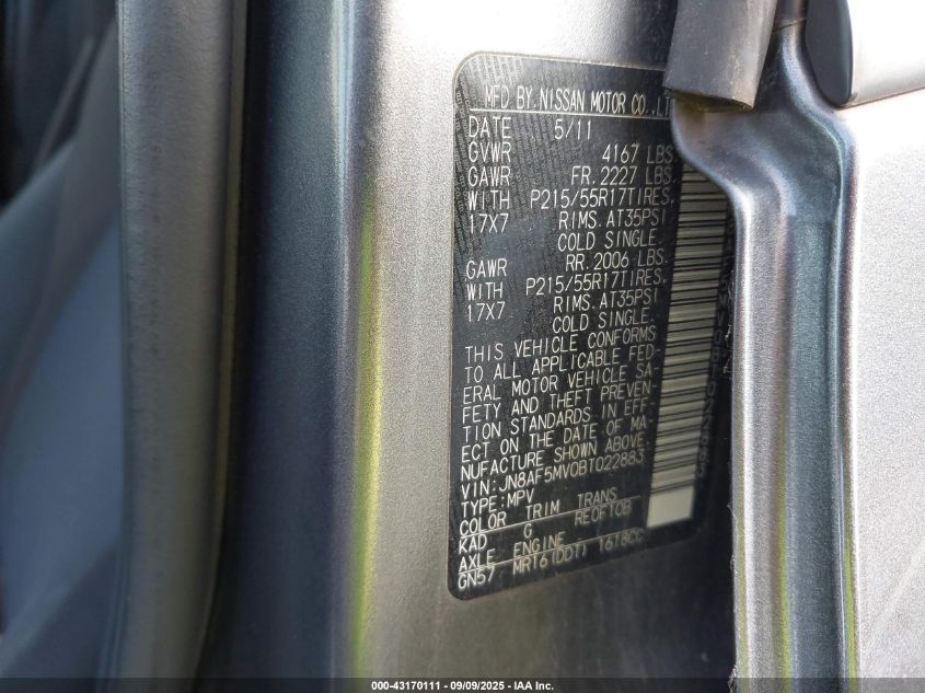 2011 Nissan Juke Sv VIN: JN8AF5MV0BT022883 Lot: 43170111