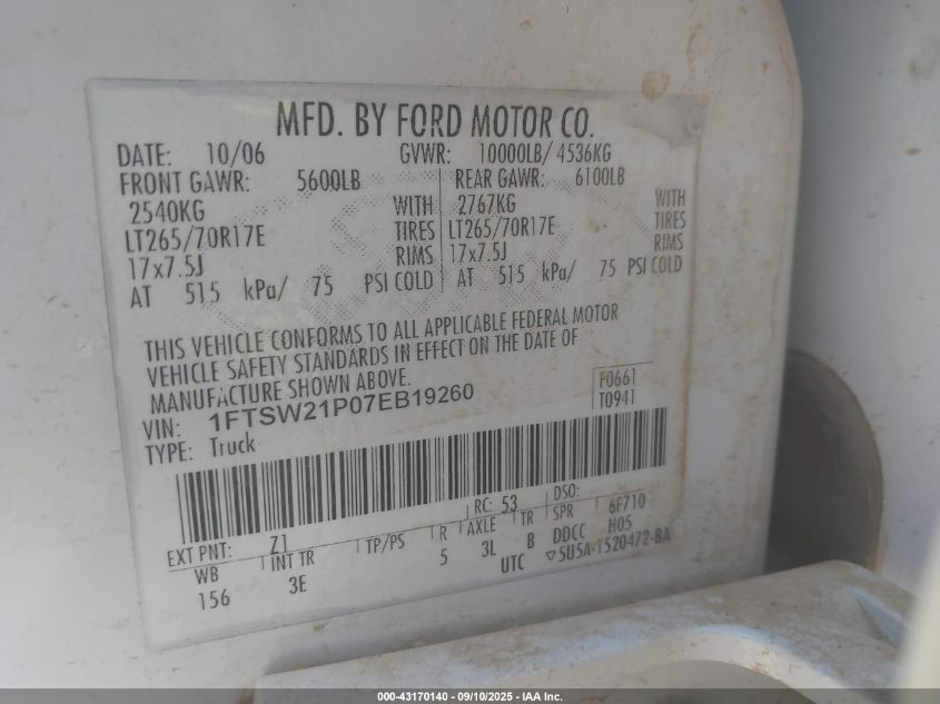 2007 Ford F-250 King Ranch/Lariat/Xl/Xlt VIN: 1FTSW21P07EB19260 Lot: 43170140