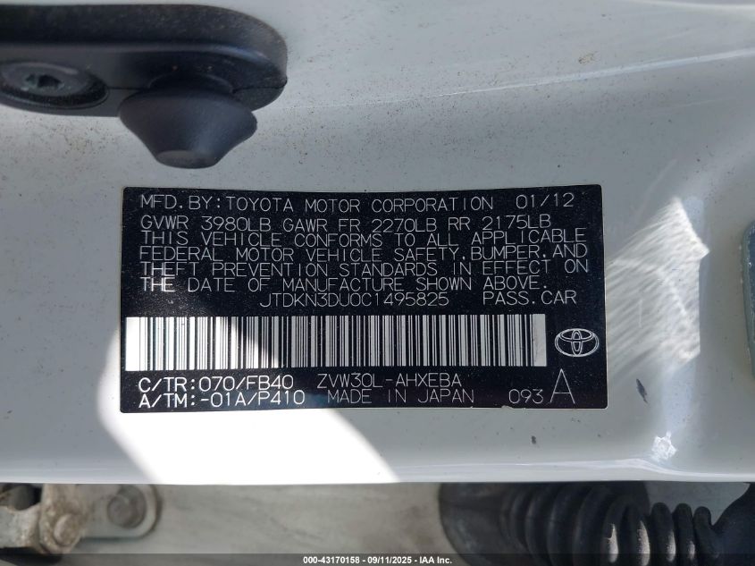 2012 Toyota Prius Two VIN: JTDKN3DU0C1495825 Lot: 43170158