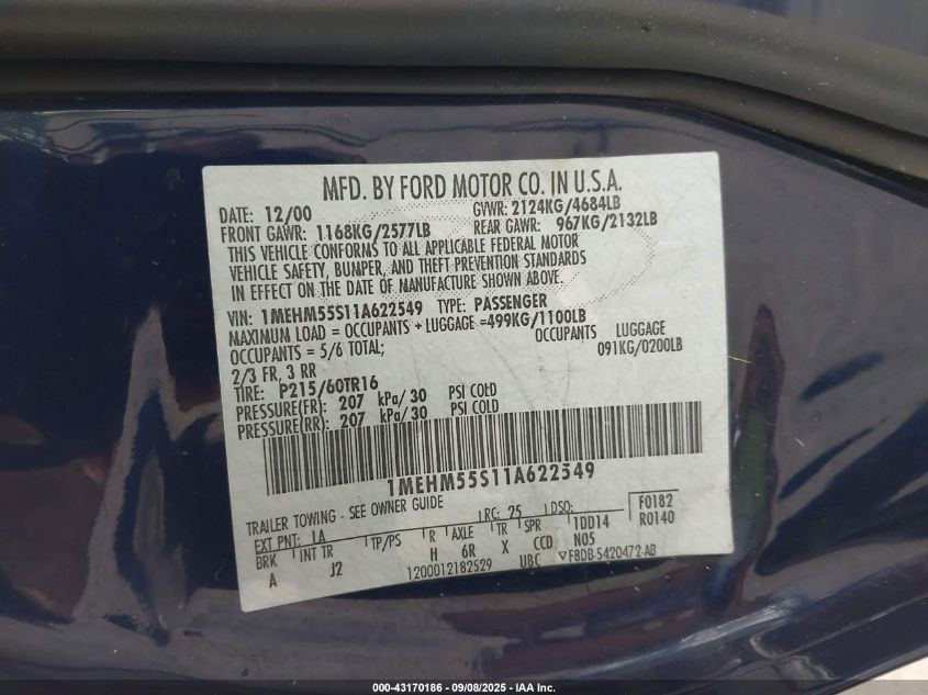 2001 Mercury Sable Ls Premium VIN: 1MEHM55S11A622549 Lot: 43170186