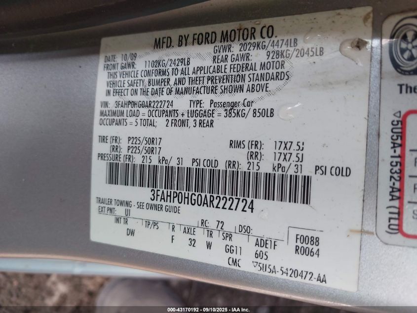 2010 Ford Fusion Se VIN: 3FAHP0HG0AR222724 Lot: 43170192