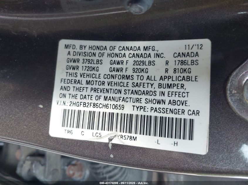 2012 Honda Civic Ex VIN: 2HGFB2F86CH610659 Lot: 43170206