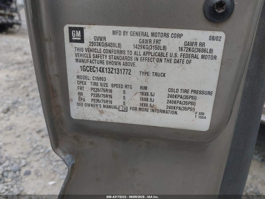 2003 Chevrolet Silverado 1500 Work Truck VIN: 1GCEC14X13Z131772 Lot: 43170232