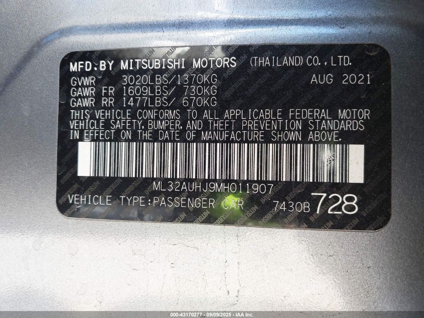 2021 Mitsubishi Mirage Carbonite Edition/Es/Le VIN: ML32AUHJ9MH011907 Lot: 43170277