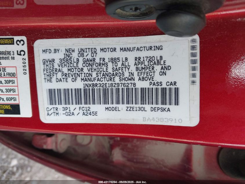 2008 Toyota Corolla S VIN: 1NXBR32E18Z976278 Lot: 43170284