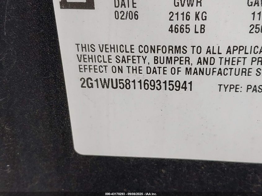 2006 Chevrolet Impala Ltz VIN: 2G1WU581169315941 Lot: 43170293