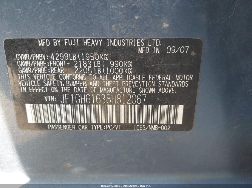 2008 Subaru Impreza 2.5I VIN: JF1GH61638H812067 Lot: 43170305