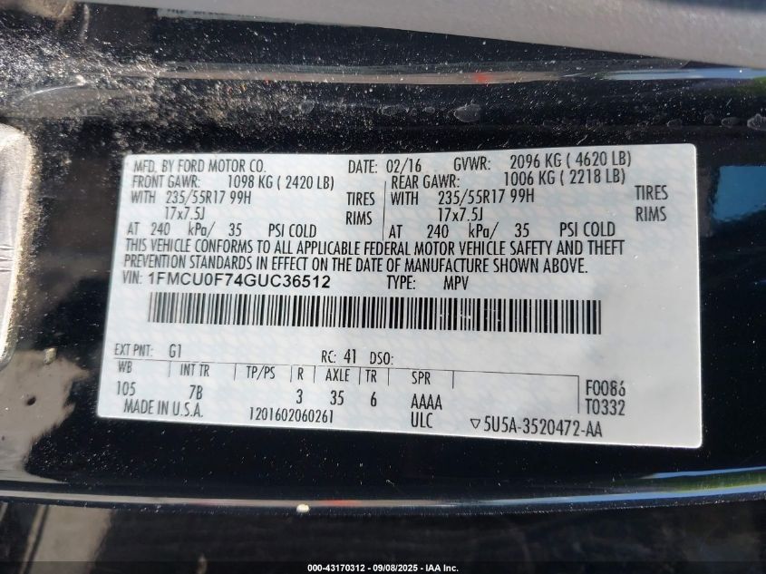 2016 Ford Escape S VIN: 1FMCU0F74GUC36512 Lot: 43170312