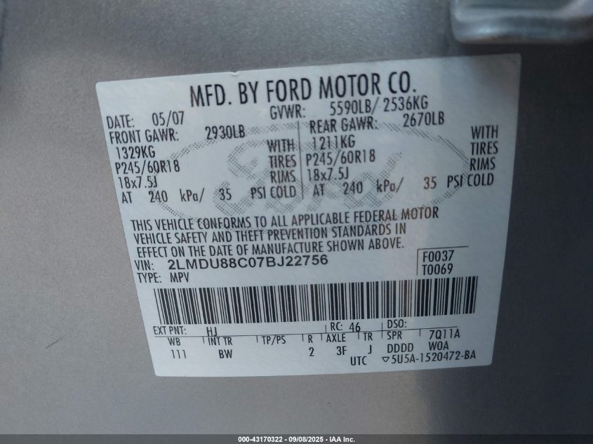 2007 Lincoln Mkx VIN: 2LMDU88C07BJ22756 Lot: 43170322