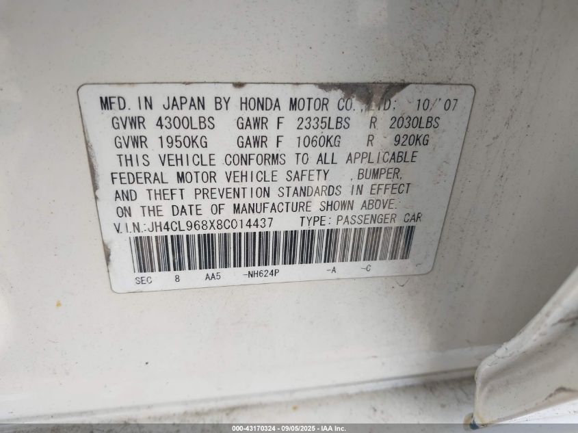 2008 Acura Tsx VIN: JH4CL968X8C014437 Lot: 43170324