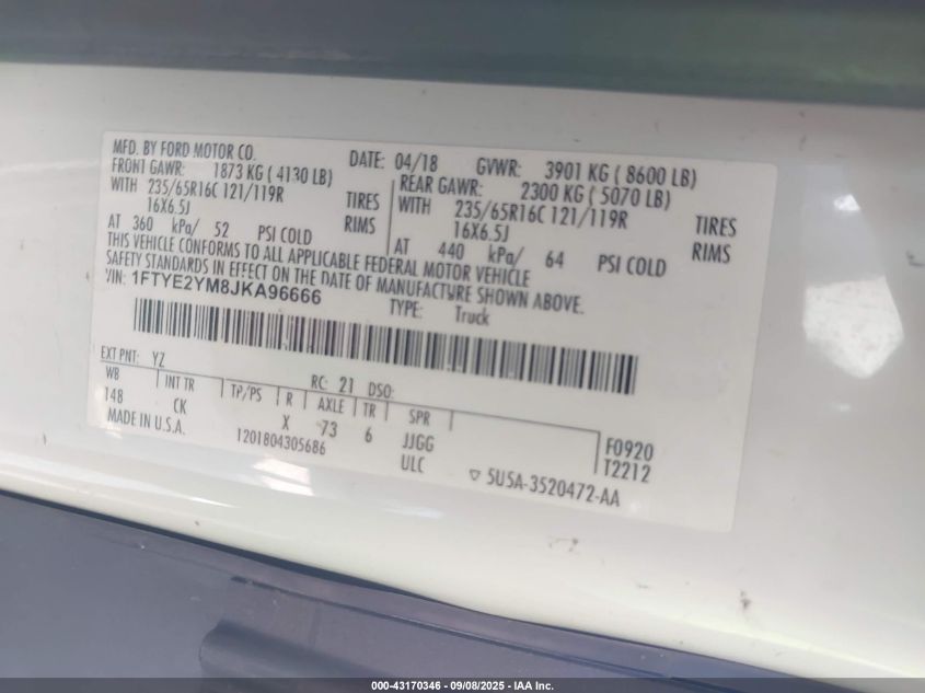 2018 Ford Transit VIN: 1FTYE2YM8JKA96666 Lot: 43170346