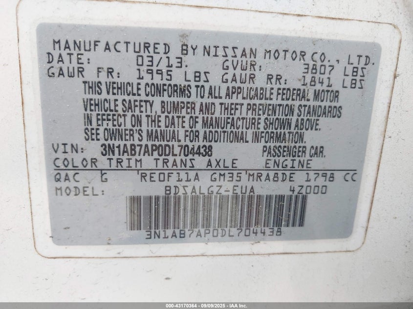 2013 NISSAN SENTRA SL - 3N1AB7AP0DL704438