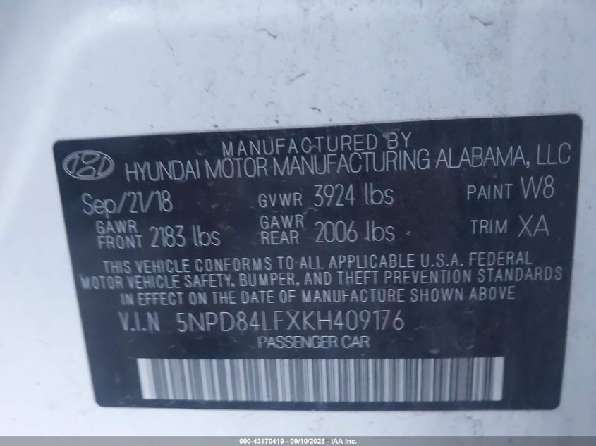2019 Hyundai Elantra Sel VIN: 5NPD84LFXKH409176 Lot: 43170419