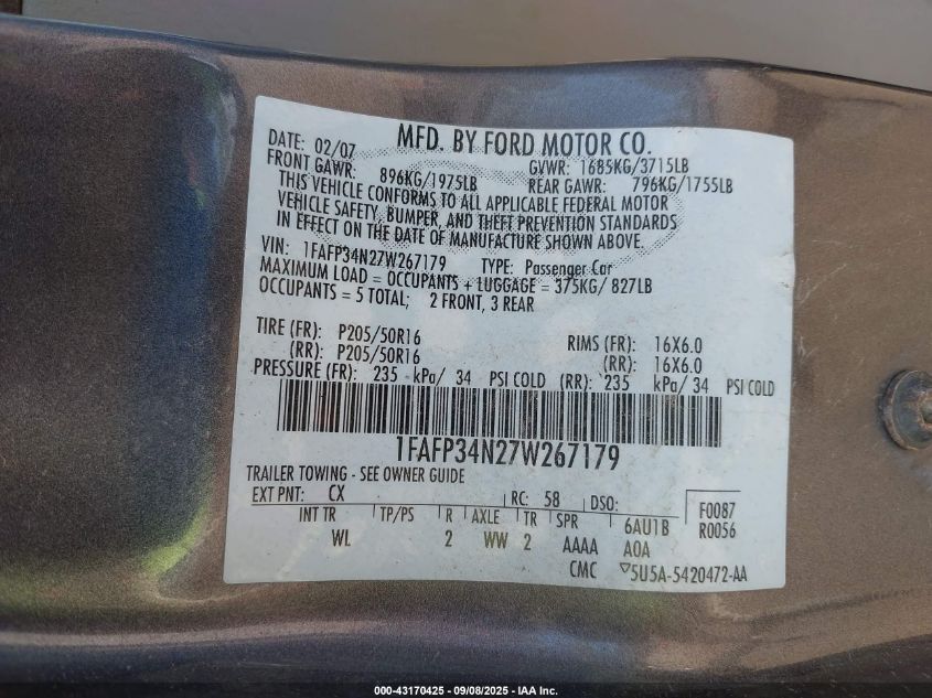 2007 Ford Focus S/Se/Ses VIN: 1FAFP34N27W267179 Lot: 43170425