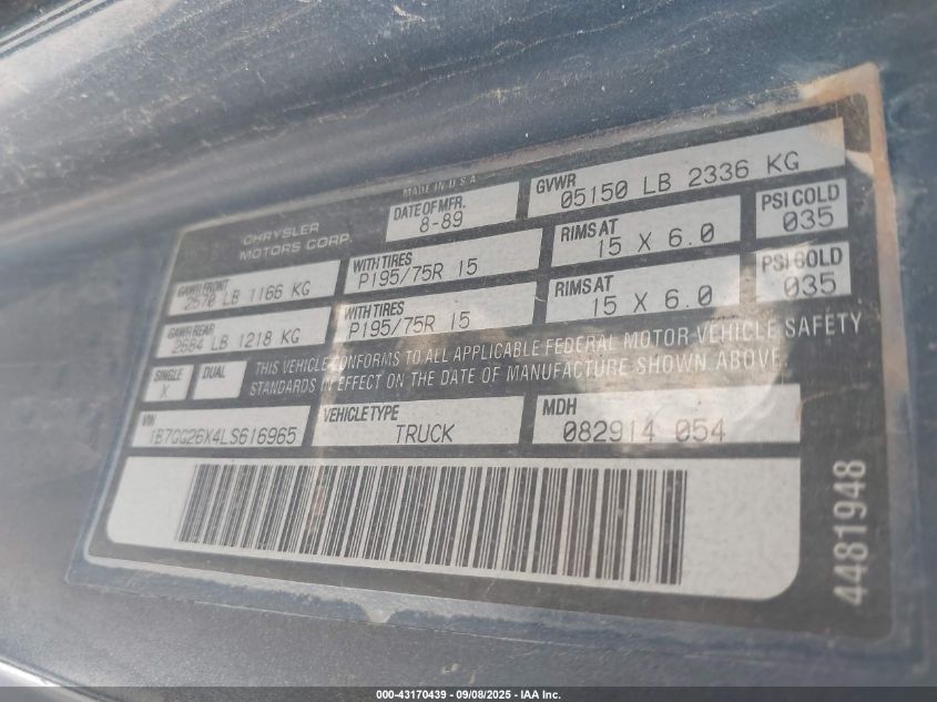 1990 Dodge Dakota VIN: 1B7GG26X4LS616965 Lot: 43170439