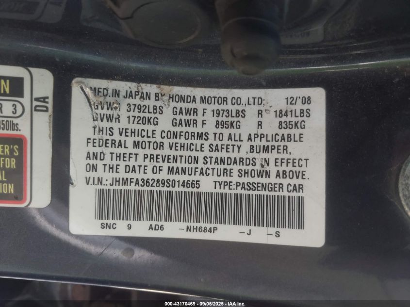 2009 Honda Civic Hybrid VIN: JHMFA36289S014665 Lot: 43170469