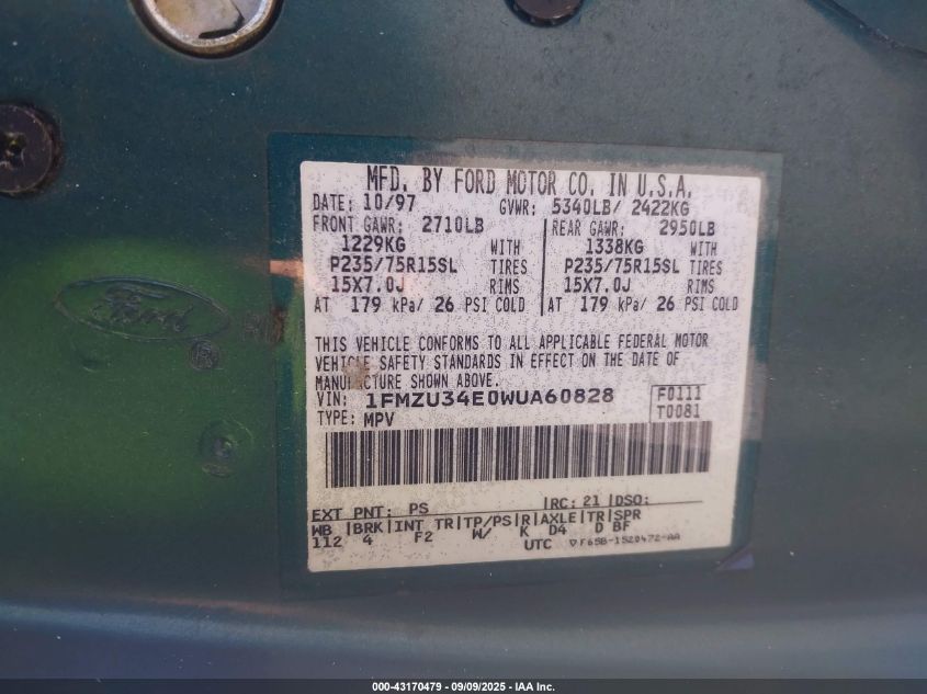 1998 Ford Explorer Eddie Bauer/Limited/Xl/Xlt VIN: 1FMZU34E0WUA60828 Lot: 43170479