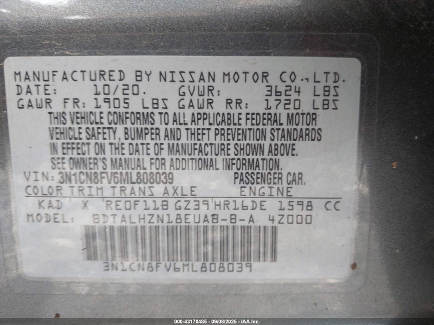 2021 NISSAN VERSA SR XTRONIC CVT - 3N1CN8FV6ML808039