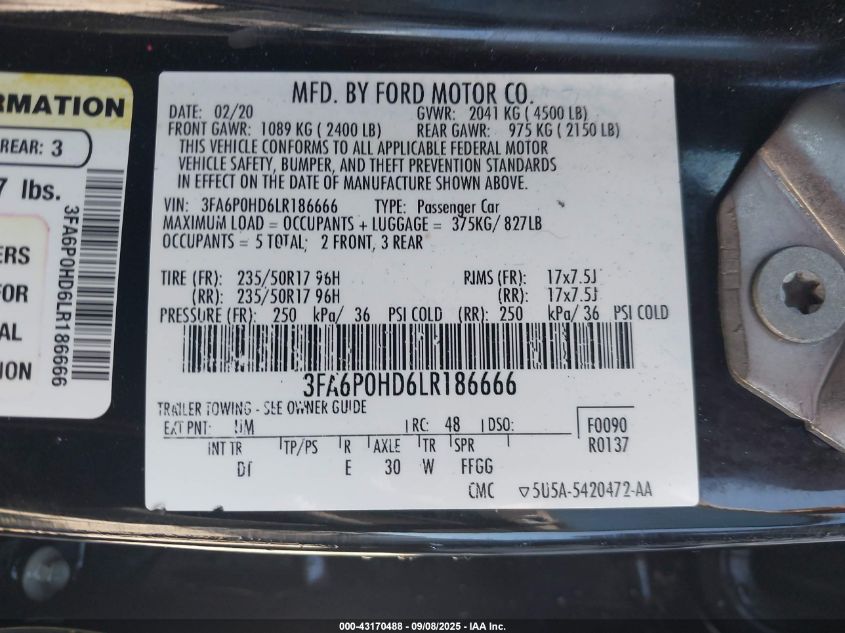 2020 Ford Fusion Se VIN: 3FA6P0HD6LR186666 Lot: 43170488