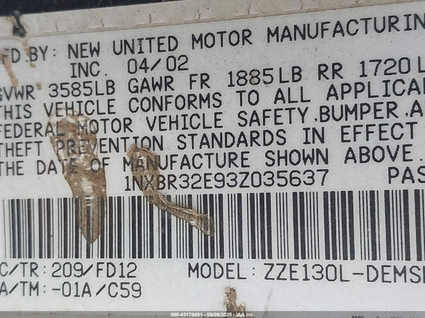 2003 Toyota Corolla S VIN: 1NXBR32E93Z035637 Lot: 43170491