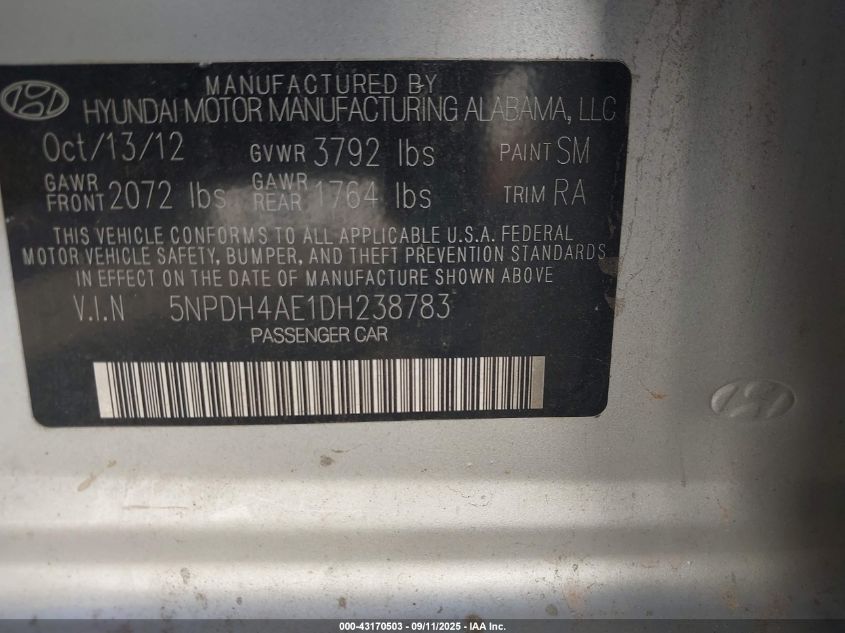 2013 Hyundai Elantra Limited VIN: 5NPDH4AE1DH238783 Lot: 43170503