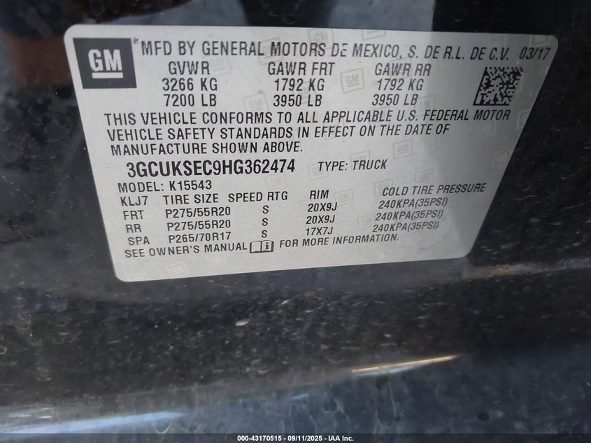 2017 Chevrolet Silverado 1500 2Lz VIN: 3GCUKSEC9HG362474 Lot: 43170515