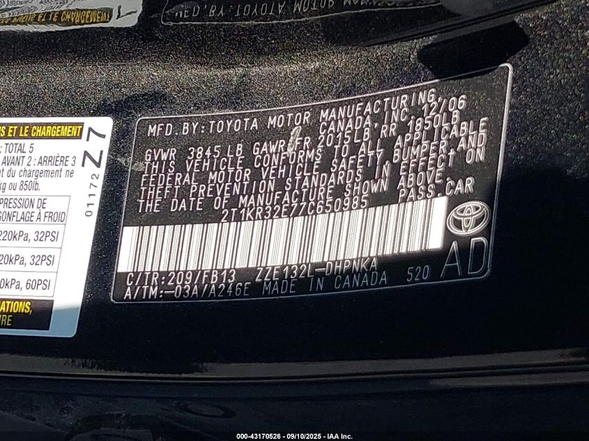 2007 Toyota Matrix Xr VIN: 2T1KR32E77C650985 Lot: 43170526