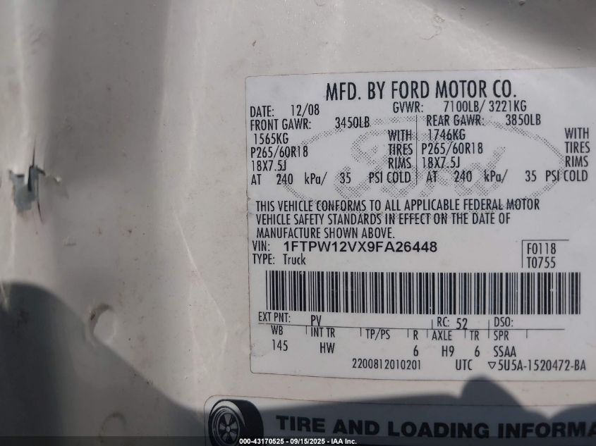 2009 Ford F-150 King Ranch/Lariat/Platinum/Xl/Xlt VIN: 1FTPW12VX9FA26448 Lot: 43170525