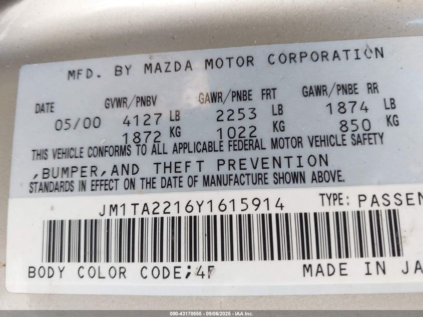 2000 Mazda Millenia VIN: JM1TA2216Y1615914 Lot: 43170558
