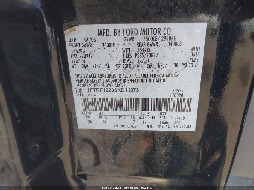 2008 Ford F-150 Stx/Xl/Xlt VIN: 1FTRF12208KD11373 Lot: 43170574