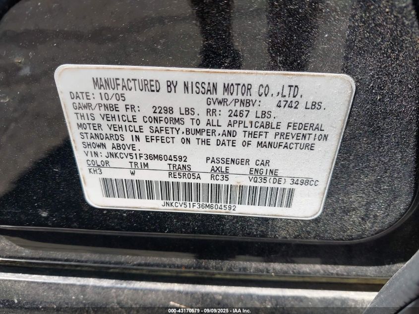 2006 Infiniti G35X VIN: JNKCV51F36M604592 Lot: 43170579