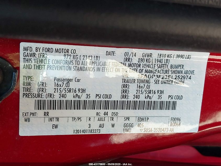 2014 Ford Focus Se VIN: 1FADP3F23EL252974 Lot: 43170600