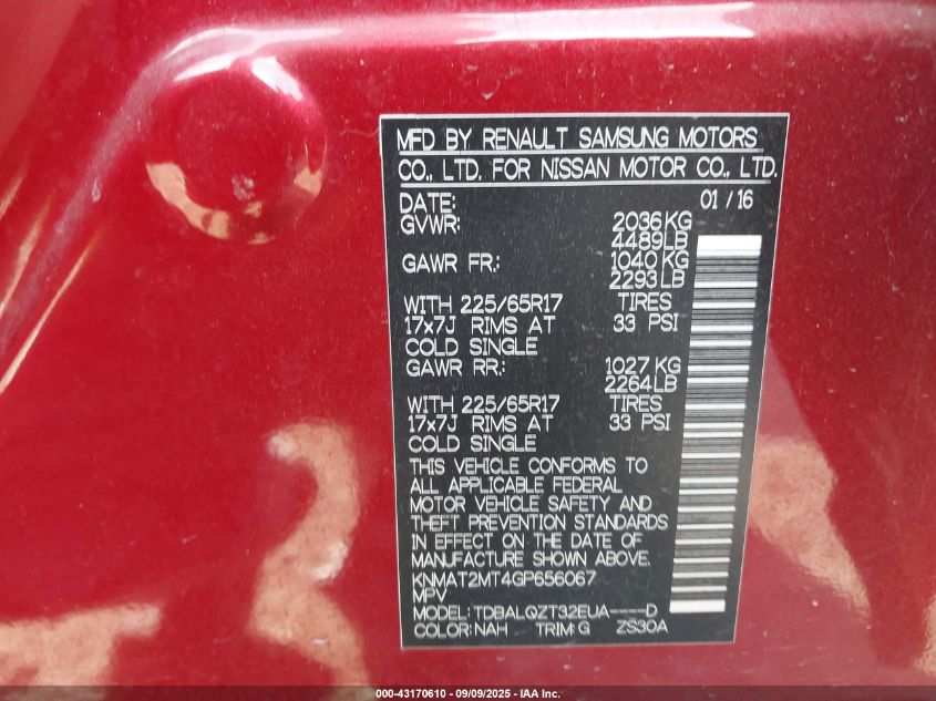 2016 Nissan Rogue Sv VIN: KNMAT2MT4GP656067 Lot: 43170610